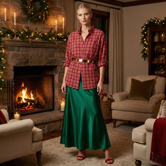 Red Plaid Button-Down Shirt Unisex Oversized Cotton Blend - Picture 4 of 13